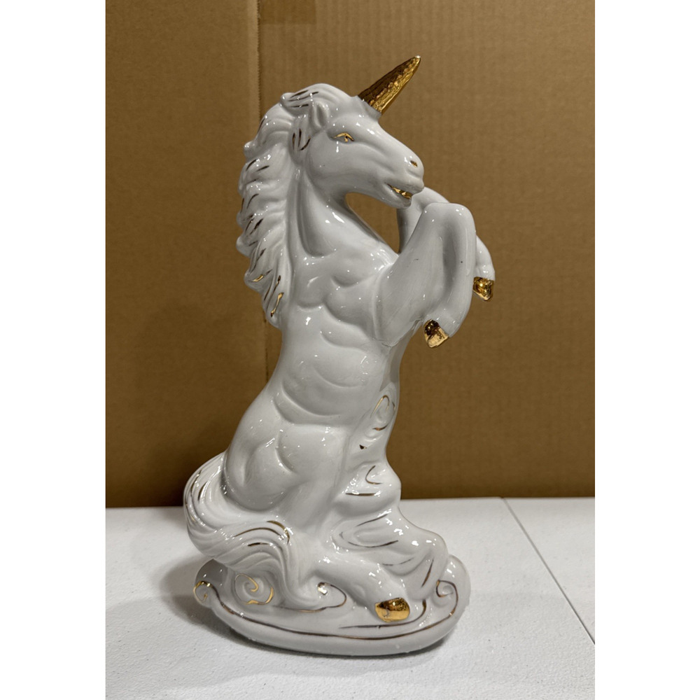 VTG Ceramic Rearing Unicorn Figurine Statue White Gold 11" x 6" Whimsical Magic